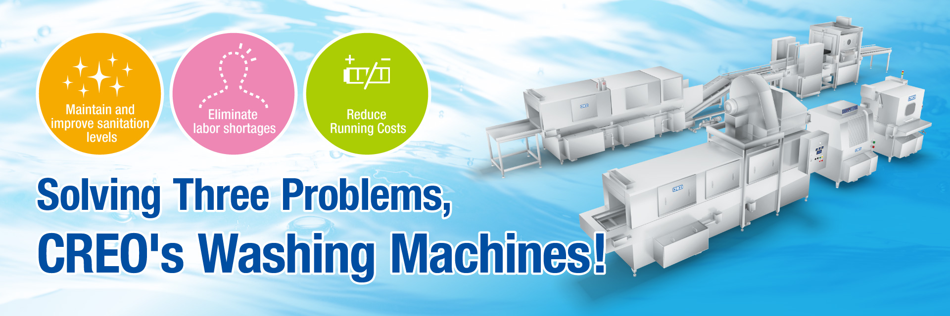 Maintain and improve sanitation levels/Eliminate labor shortages/Reduce running costs 3 problems solved by a single machine! The CREO Washing Machine