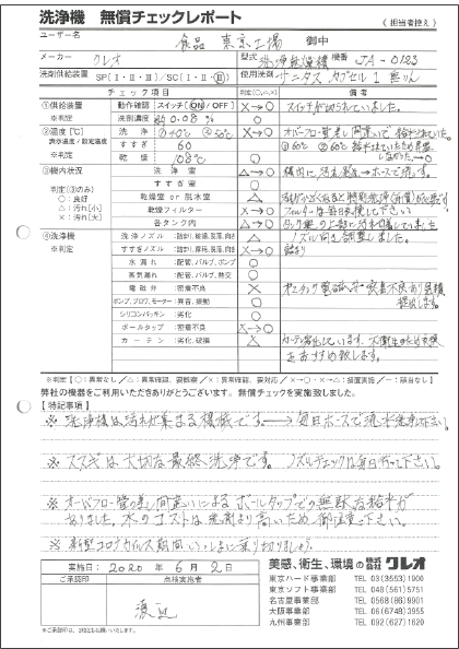 洗浄機　無償チェックレポート例